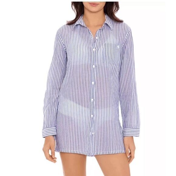 LAUREN Ralph Camp Shirt swim cover up Striped Cotton Button Down Top Blue MD - Picture 1 of 14